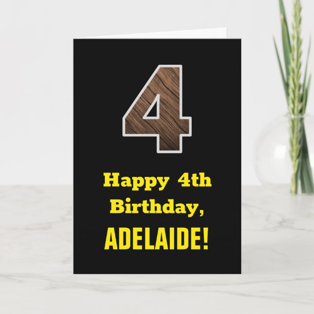 Carte 4e anniversaire : Nom, Motif faux grain de bois "4 (Devant)