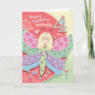Carte 4e anniversaire, petite fille aux papillons