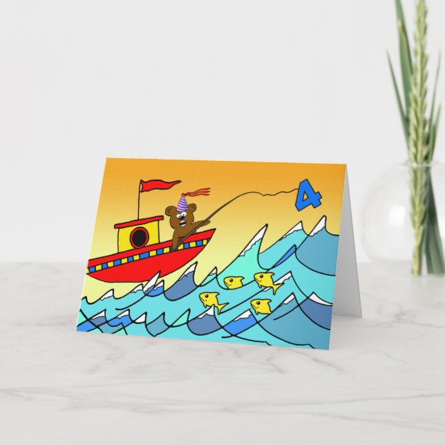 Carte 4e anniversaire pour enfant, pêche à l'ours de fêt (Devant)