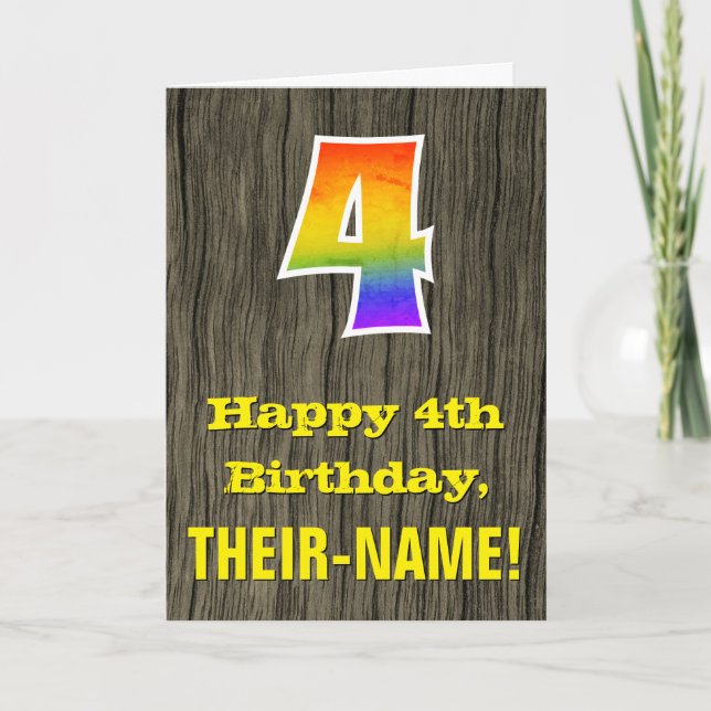 Carte 4e anniversaire : Rustic Faux Wood Look, Rainbow " (Devant)