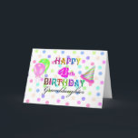 Carte 4e jour de Granddaughter<br><div class="desc">A fun party birthday card for a 4 ans old granddaughter with confeti in the background in pastel colors, le center with colorh colorful "Happy 4th Birthday" et "Granddaughter" in black. On the left side of the words you find a pink polka dot balloon and a green polka dot balloon,...</div>
