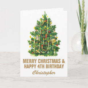 Carte 4e Joyeux anniversaire et Joyeux sapin de Noël