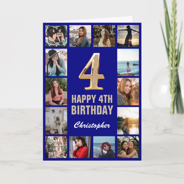 Carte 4e Joyeux Anniversaire Marine Blue & Gold Photo Co (Devant)