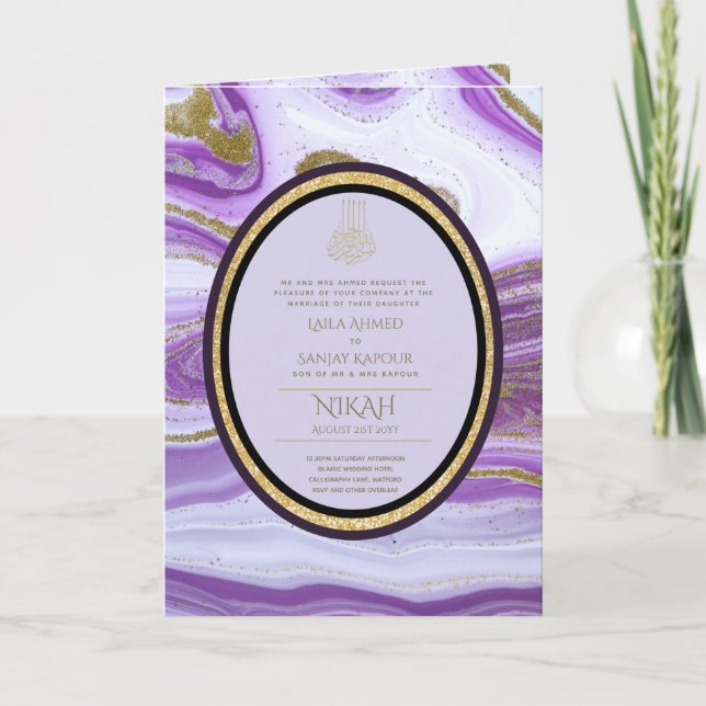 Carte 4Pg NIKAH WALIMA Marbre d'or violet Parties scinti (Devant)