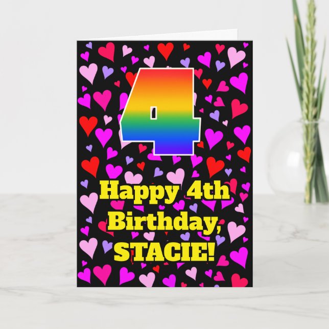 Carte 4th Birthday: Loving Hearts Pattern, Rainbow # 4 (Devant)