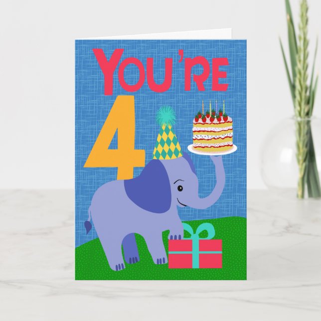 Carte 4th Birthday with Elephant and Cake (Devant)