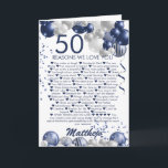Carte 50e anniversaire 50 raisons Nous vous aimons<br><div class="desc">Une magnifique carte d'anniversaire marine et en ballon d'argent, joyeux 50ème anniversaire (ou tout âge). Ce design fabuleux est la façon parfaite de souhaiter à quelqu'un les 50 raisons pour lesquelles vous les aimez, et de leur souhaiter un joyeux cinquantième anniversaire (ou changer d'âge!) Personnalisez avec notre propre nom et...</div>