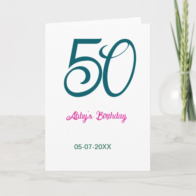 Carte 50e anniversaire ajouter nom année turquoise rose  (Devant)