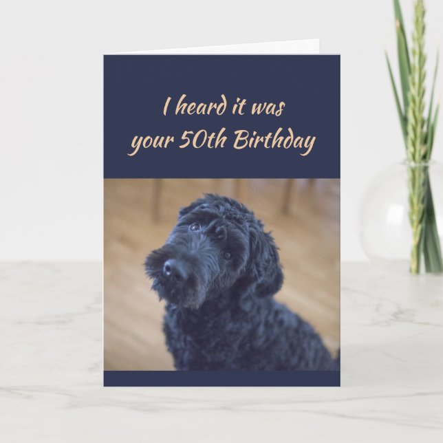 Carte 50e anniversaire amusant mignon bouclé noir chien  (Devant)