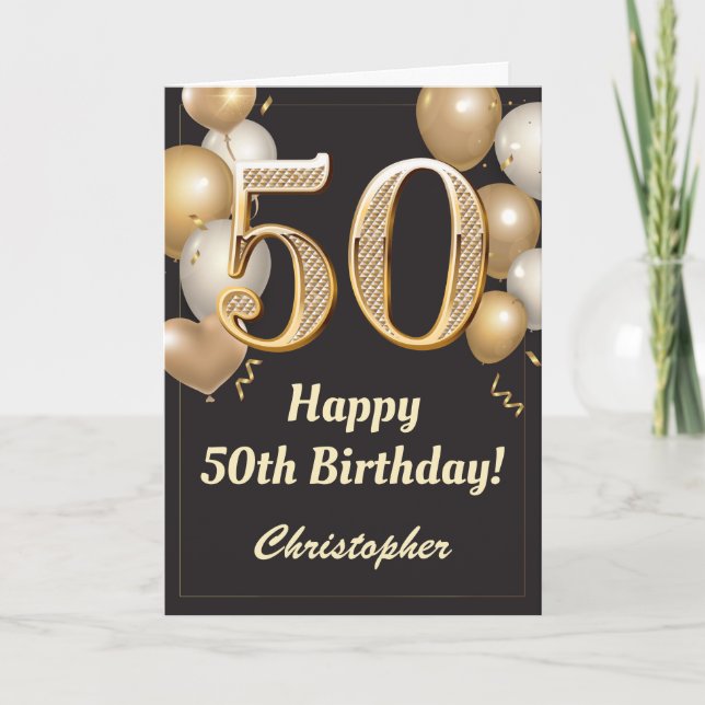 Carte 50e anniversaire Ballons Noir et Or Confetti (Devant)