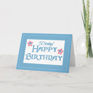 Carte 50e anniversaire, Blue Check Gingham Pattern