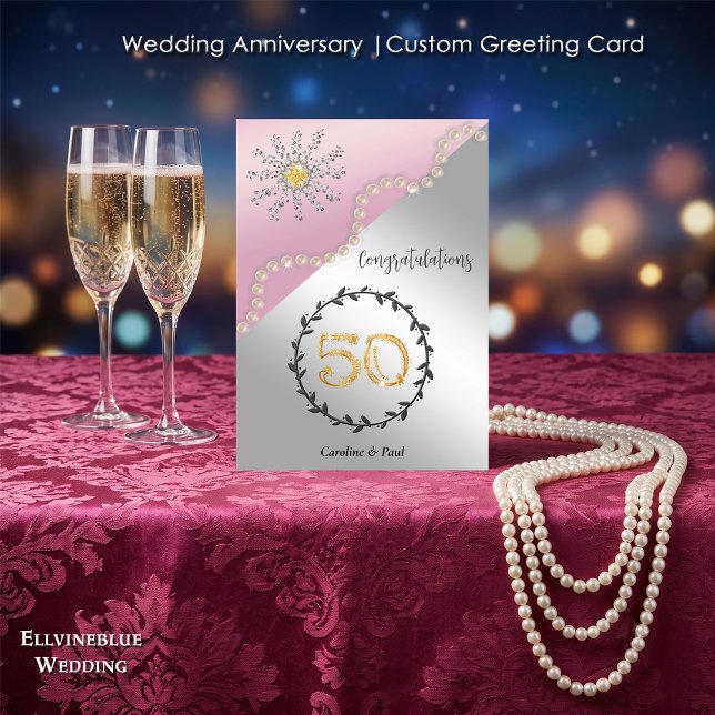 Carte 50e anniversaire de mariage | Chic or et perles (Double-sided 50th Wedding Anniversary. 100% editable with message inside. 5”x7”.)