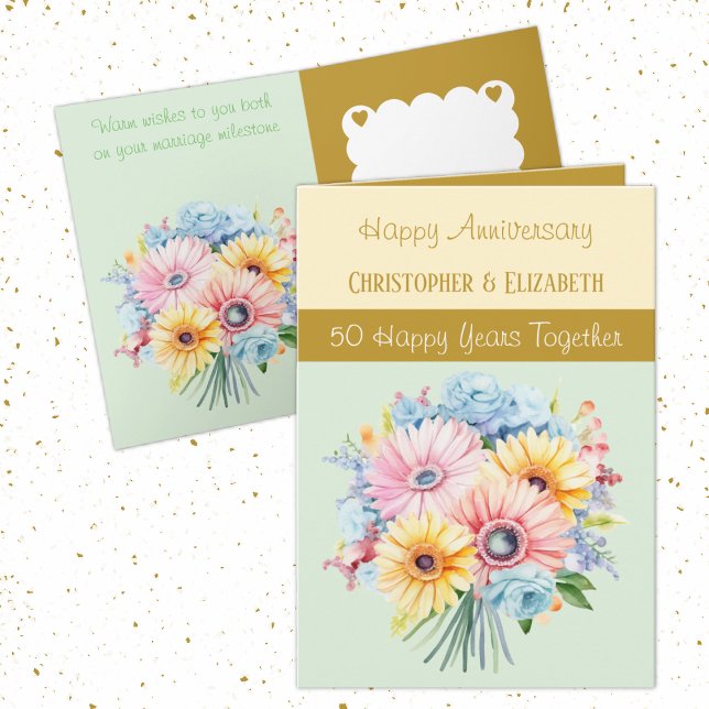 Carte 50e Anniversaire d'or fleurs vertes (Créateur téléchargé)