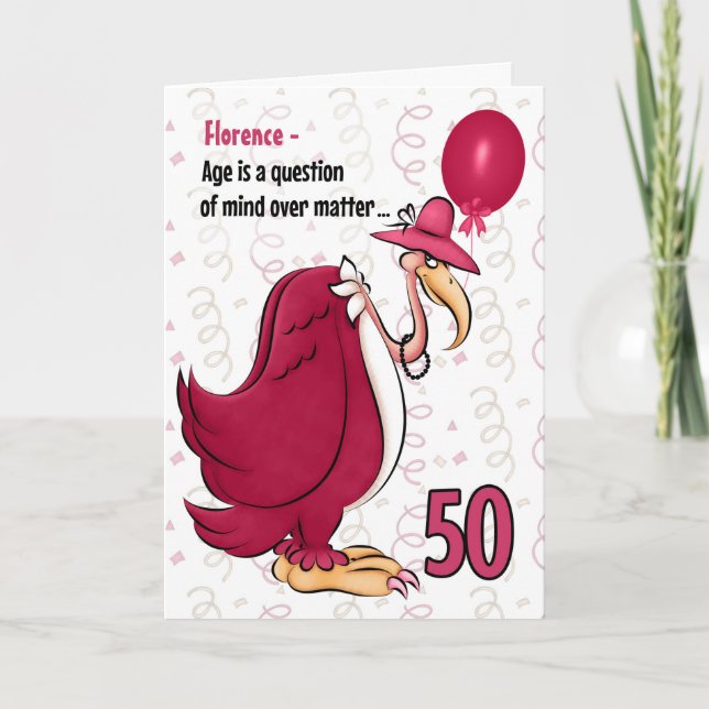 Carte 50e Anniversaire drôle Buzzard rose avec nom (Devant)