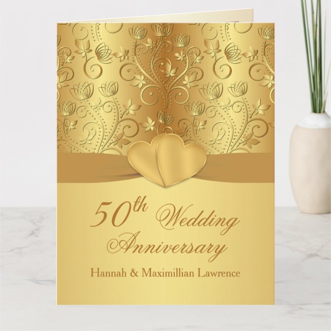 Carte 50e anniversaire du Mariage Coeurs d'or floraux (Devant)
