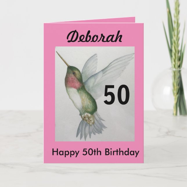 Carte 50e anniversaire Elegant rose Colibri Aquarelle (Devant)