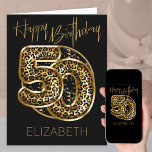 Carte 50e anniversaire Empreinte de léopard Ballons à hu<br><div class="desc">Carte de 50e anniversaire personnalisée avec ballons en papier poster de animal en noir et or. Les ballons empreintes de léopard branchés sont encadrés de confettis noir et or et Happy Birthday est écrit à la main en or. Le modèle est prêt à personnaliser l'avant de la carte et à...</div>