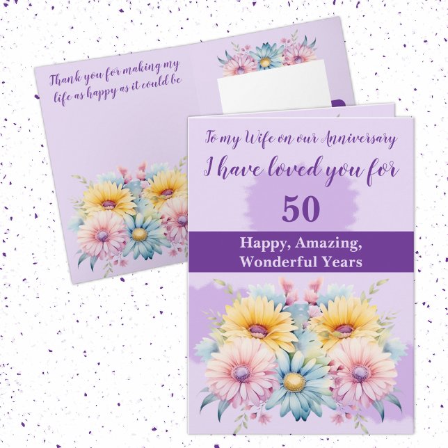Carte 50e Anniversaire femme gerbera floral violet (Créateur téléchargé)