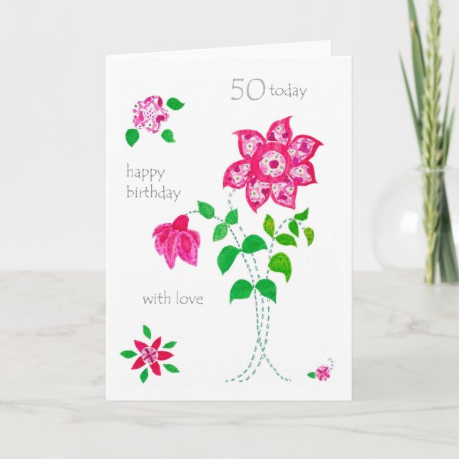 Carte 50e anniversaire - Fleurs roses (Devant)