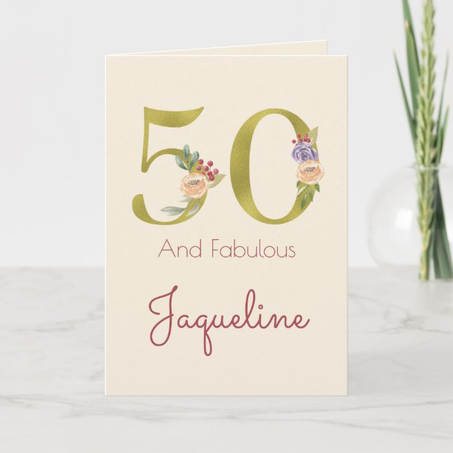 Carte 50e anniversaire Floral Gold Elegant Feminine (Devant)