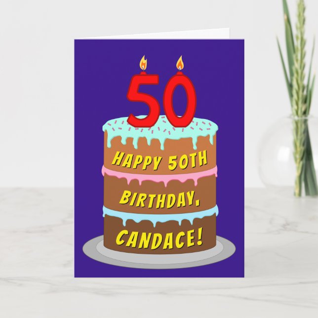 Carte 50e anniversaire : Fun Cake and Candles + Nom pers (Devant)