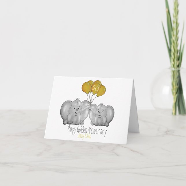 Carte 50e Anniversaire Mariage d'or, éléphant mignon (Devant)