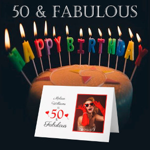 Carte 50e anniversaire Nom Photo 50 et Fabulous Red Hear