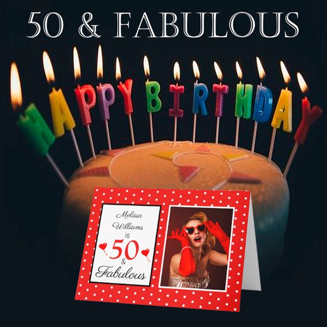 Carte 50e anniversaire Nom Photo 50 et Fabulous Rouge Bl (Créateur téléchargé)