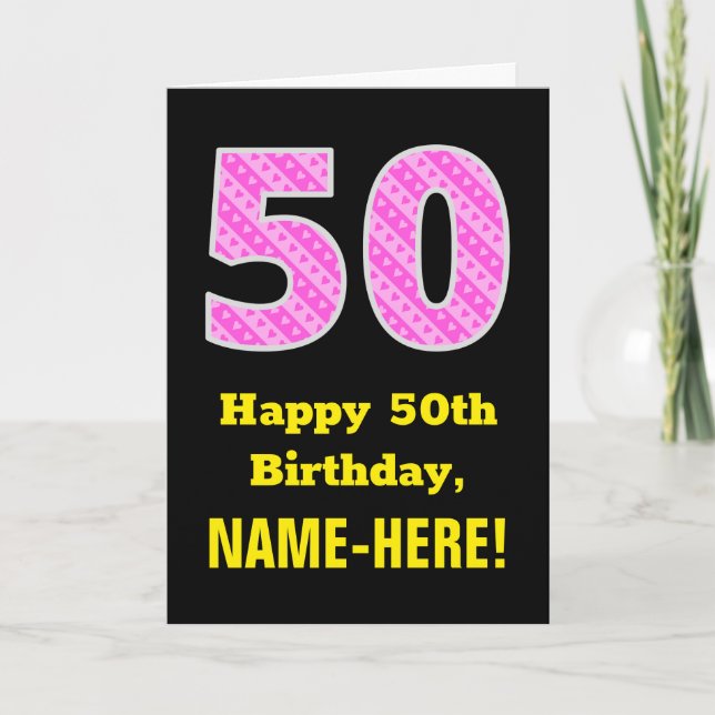 Carte 50e anniversaire : Pink Stripes and Hearts "50" +  (Devant)