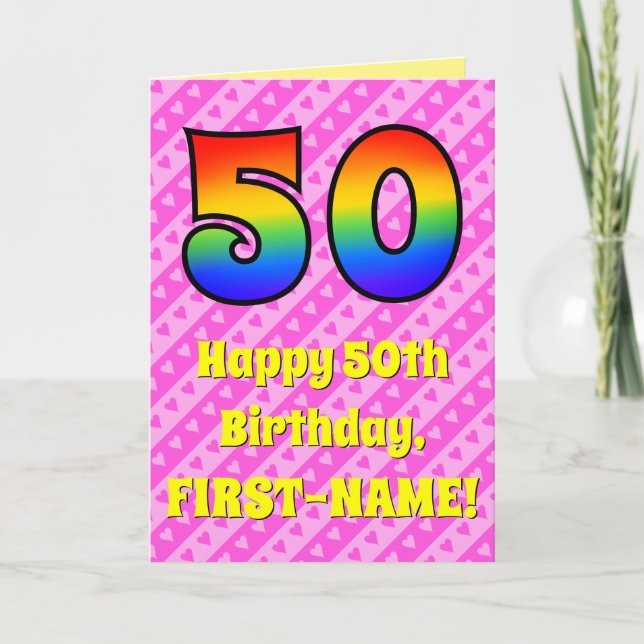 Carte 50e anniversaire : Pink Stripes & Hearts, Arc en c (Devant)