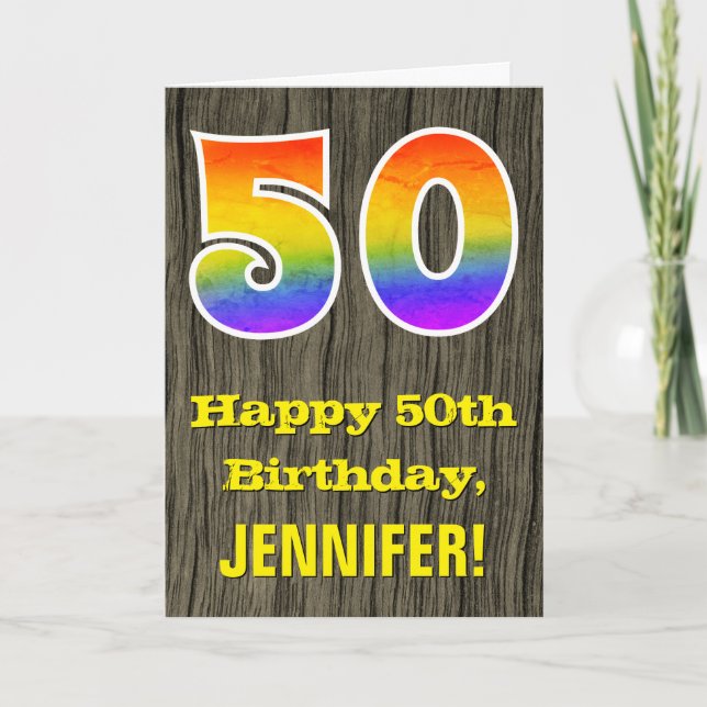 Carte 50e anniversaire : Rustic Faux Wood Look, Rainbow  (Devant)