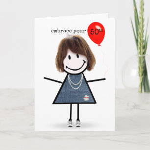 Carte 50e Anniversaire Stick Figure Girl avec Ballons Ro