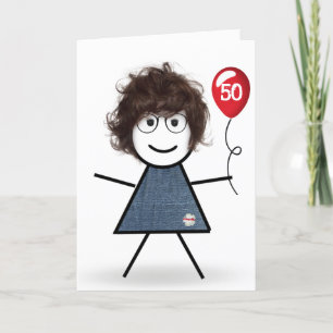 Carte 50e Anniversaire Stick Girl avec Ballons Rouge