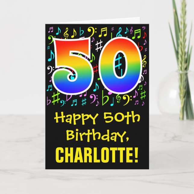 Carte 50e anniversaire : Symboles de musique colorée + A (Devant)
