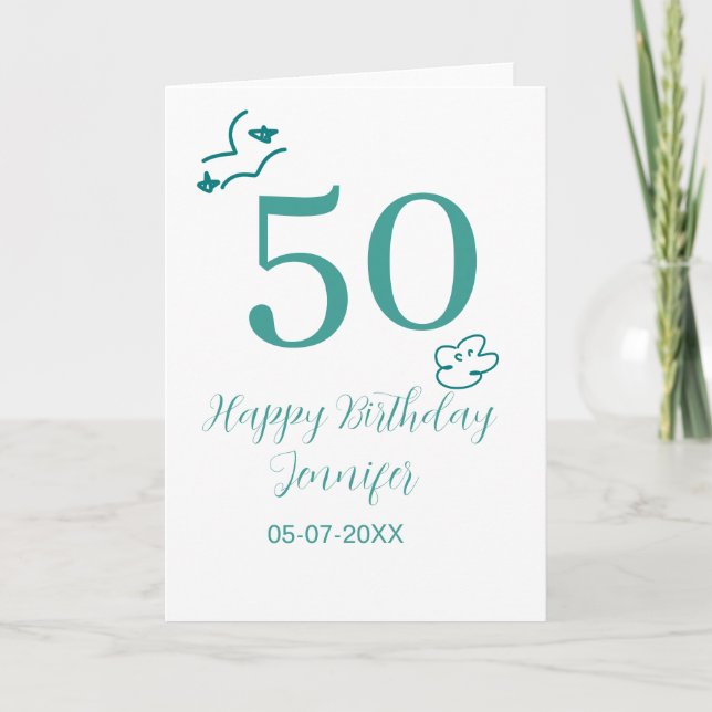 Carte 50e anniversaire turquoise nom nuages dessinés à l (Devant)