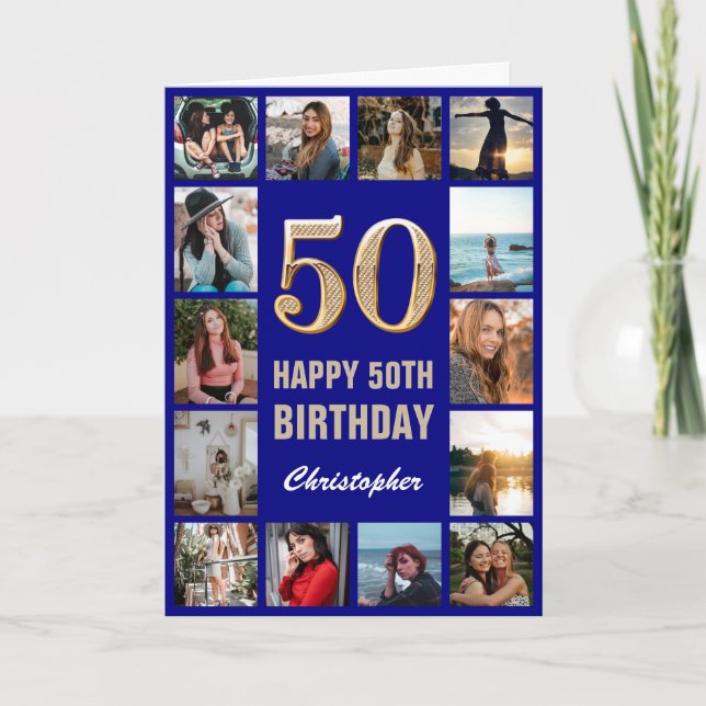 Carte 50e Joyeux Anniversaire Marine Bleu & Gold Photo C (Devant)