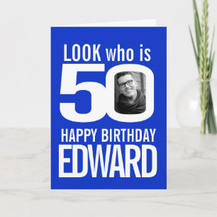 Carte 50e Joyeux anniversaire photo bleu blanc