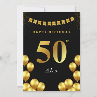 Carte 50th Birthday Card Black and Gold Balloons