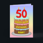 Carte 50th Birthday — Fun Cake & Candles, w/ Custom Name<br><div class="desc">This upbeat and cheerful birthday themed greeting card design features a cartoon-style depiction of a three-tier birthday cake having number-shaped candles on top showing the age “50“, along with the message “HAPPY 50TH BIRTHDAY, ”, and an editable recipient name. The background of the front features a multicolored pastel rainbow spectrum...</div>