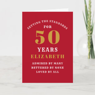 Carte 50th Birthday Standards Red Gold Ajouter votre nom
