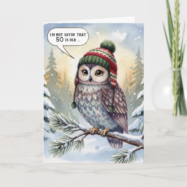 Carte 50th Birthday Watercolor Owl In Winter Hat (Devant)