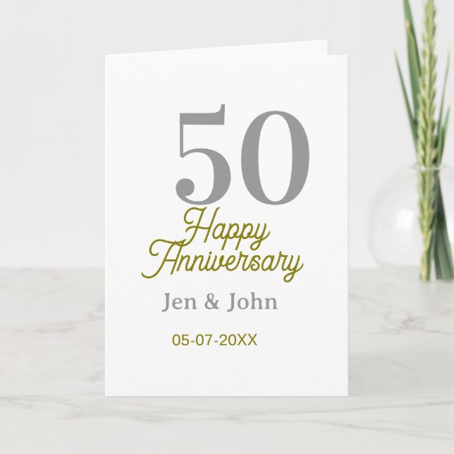 Carte 50th happy anniversary name date silver gold date  (Devant)