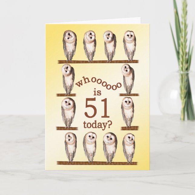 Carte 51e anniversaire, Curious owls card. (Devant)