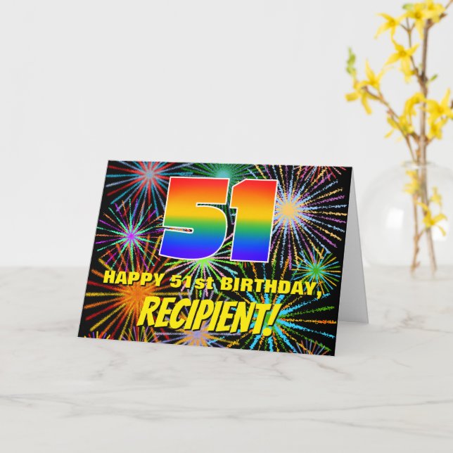 Carte 51e anniversaire : Feu d'artifice festif amusant e (Fleur jaune)