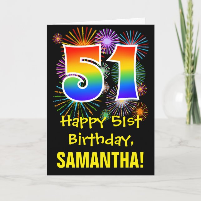 Carte 51e anniversaire : Fun Motif Fireworks + Rainbow 5 (Devant)