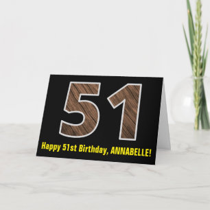Carte 51e anniversaire : Nom + Motif imitation bois "51"
