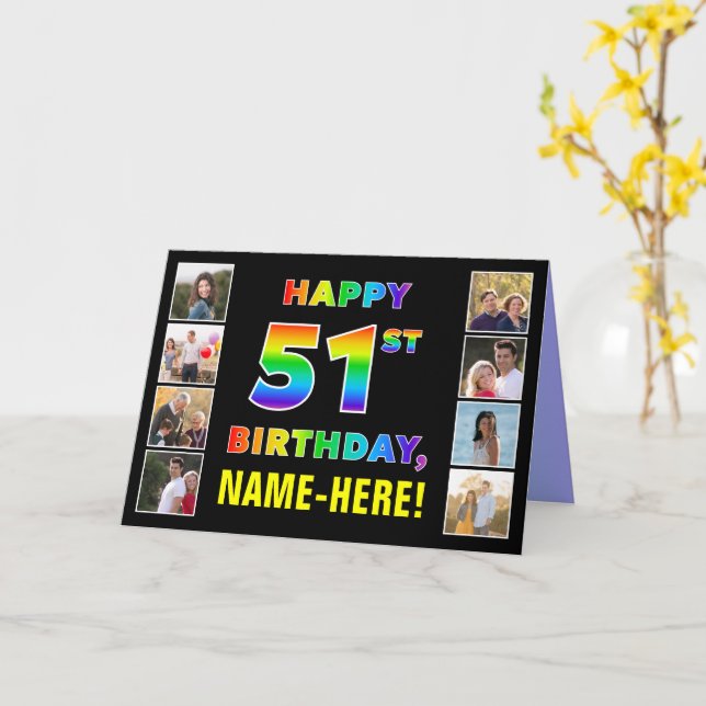 Carte 51e anniversaire : Rainbow Text, Custom Photos & N (Fleur jaune)