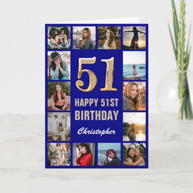 Carte 51e Joyeux Anniversaire Marine Bleu & Gold Photo C (Devant)