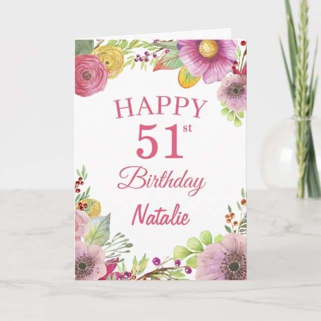 Carte 51st Birthday Watercolor Floral Flowers Pink Card (Devant)