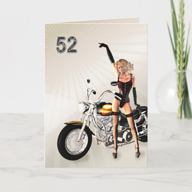 Carte 52e Anniversaire, Moto et Fille (Devant)